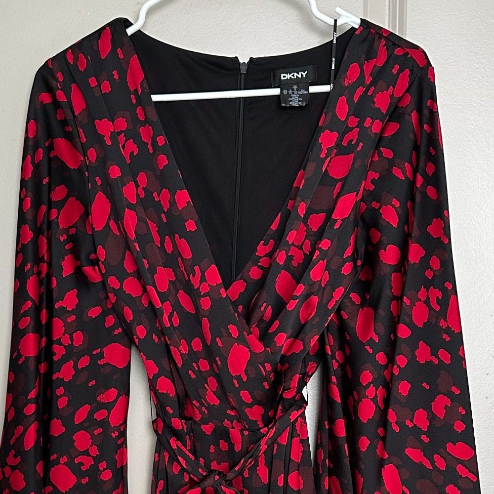 DKNY long-sleeve red patterned cocktail dress, never worn.